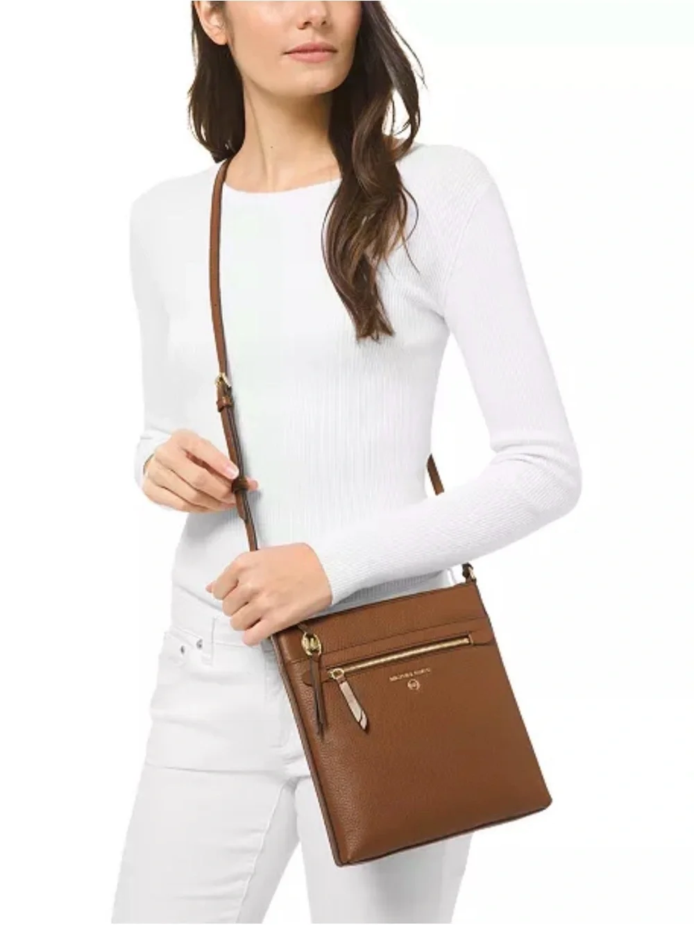 Michael Kors Cognac Pebbled Leather Crossbody Bag with Gold Hardware